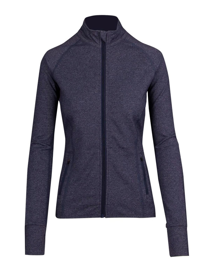 A navy blue women's jacket with a zip front, long sleeves, and two side pockets, featuring a logo. A navy blue women's jacket with a zip front, long sleeves, and two side pockets, featuring a logo.
