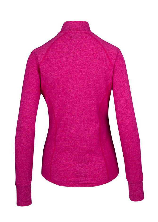 A women's jacket in heathered pink with a high collar and fitted design. Features long sleeves and a logo. A women's jacket in heathered pink with a high collar and fitted design. Features long sleeves and a logo.