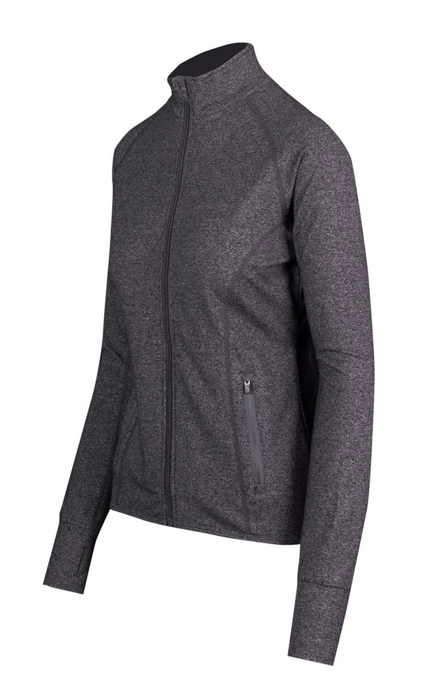 A women's grey heather jacket with a full zipper, featuring a fitted design and side pockets. It has a logo on the chest. A women's grey heather jacket with a full zipper, featuring a fitted design and side pockets. It has a logo on the chest.