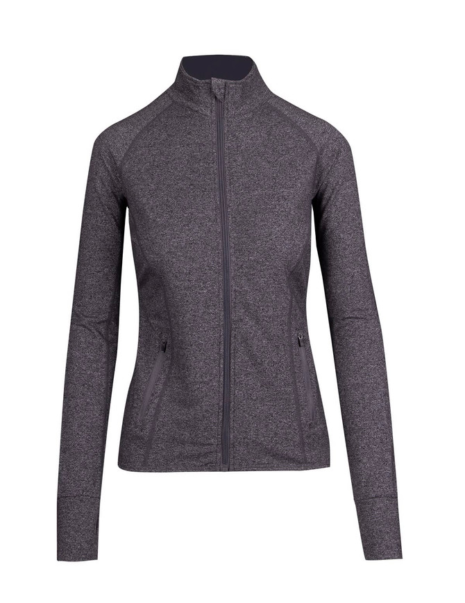A women's heather jacket in grey, featuring a zip front and side pockets. The jacket has a subtle branding logo. A women's heather jacket in grey, featuring a zip front and side pockets. The jacket has a subtle branding logo.