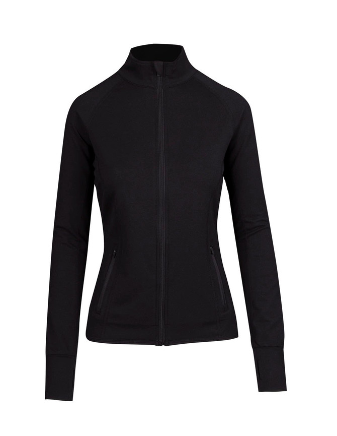 A black women's jacket with a zip front, high collar, and long sleeves featuring side pockets and a logo. A black women's jacket with a zip front, high collar, and long sleeves featuring side pockets and a logo.