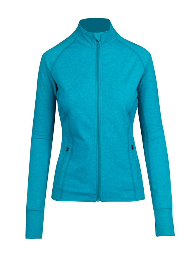 A women's jacket in heathered teal featuring a full zip and a fitted design with a logo. A women's jacket in heathered teal featuring a full zip and a fitted design with a logo.