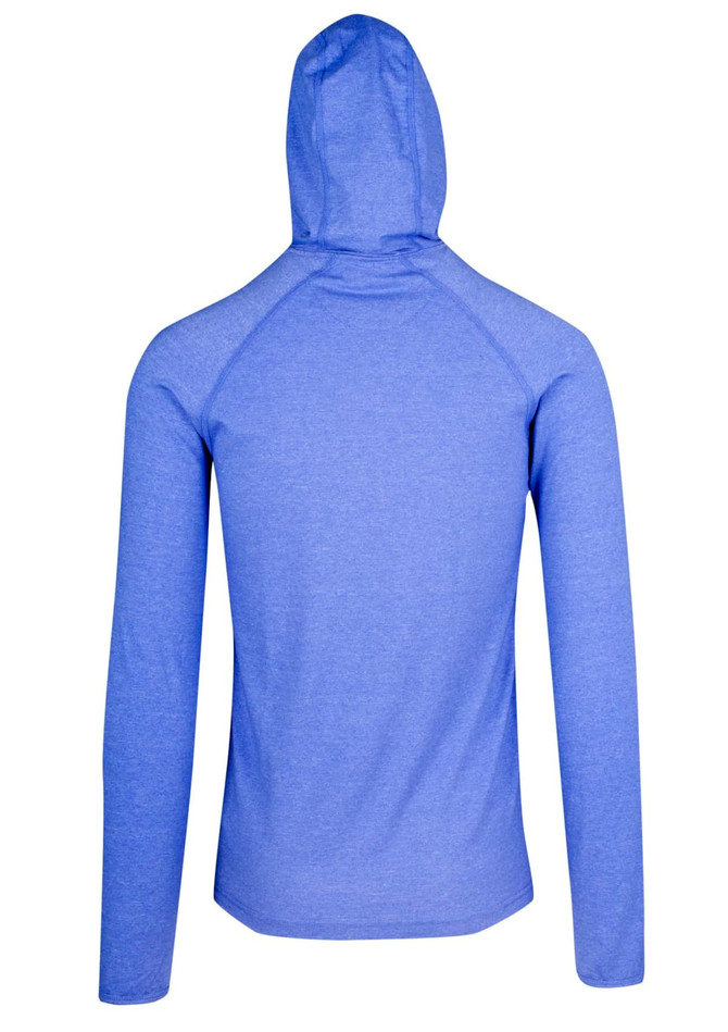 A men's half-hood top in blue, featuring a fitted design and long sleeves. It has a logo on the back. A men's half-hood top in blue, featuring a fitted design and long sleeves. It has a logo on the back.