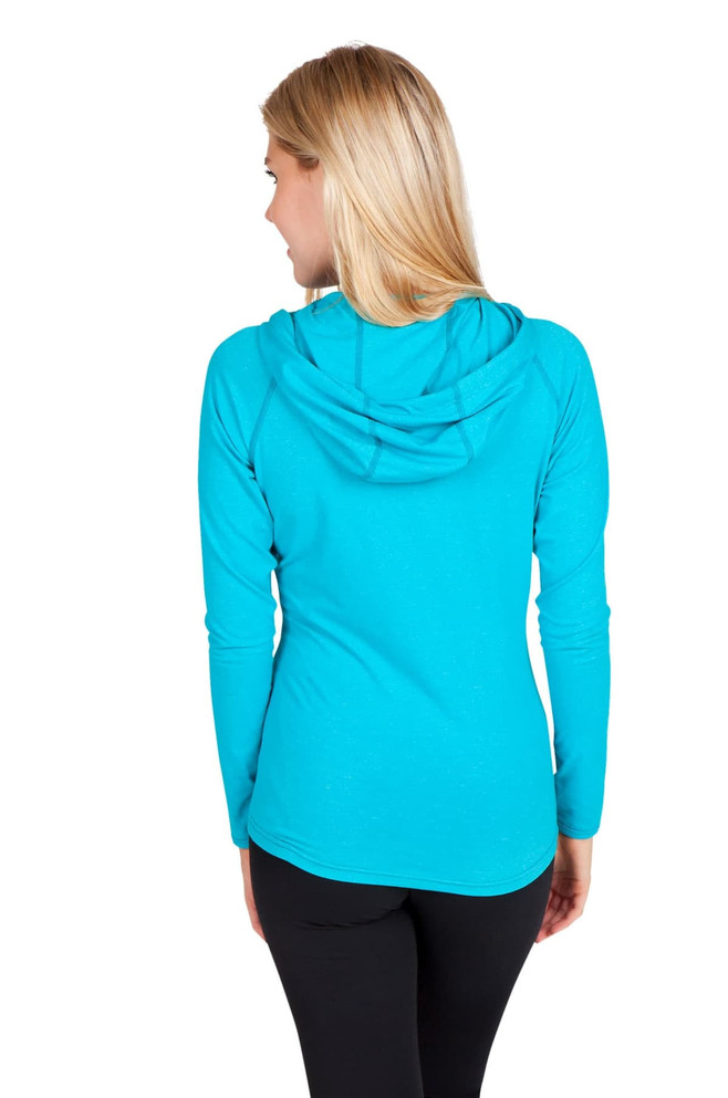 A woman wearing a turquoise half-hood top, viewed from the back, with a hood and long sleeves. A woman wearing a turquoise half-hood top, viewed from the back, with a hood and long sleeves.