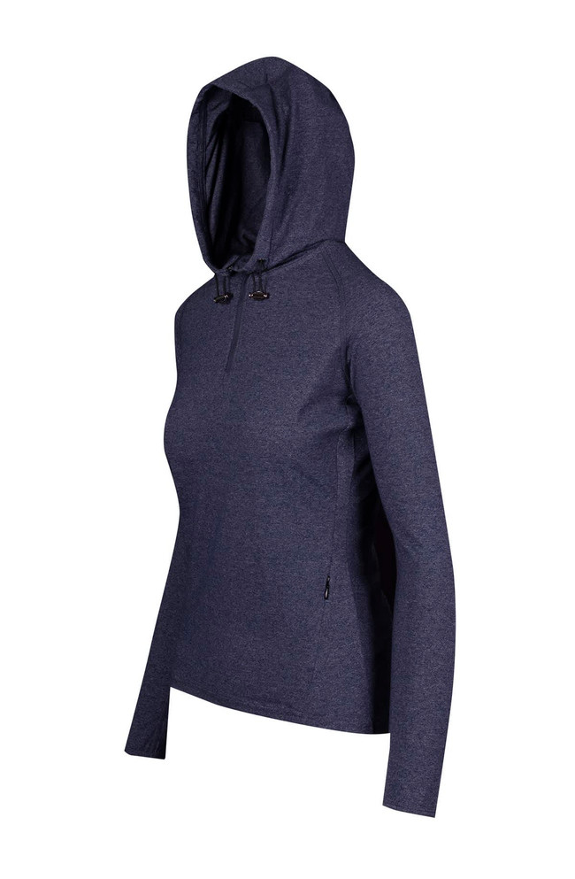 A women's half-hood top in navy blue, featuring a hood and a logo. Ideal for casual wear.