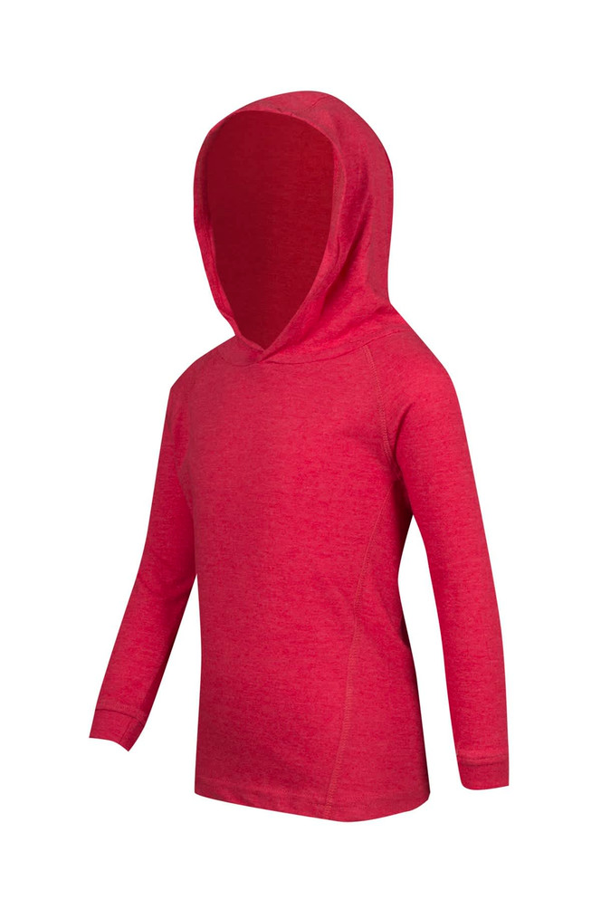 A red kids' fusion t-shirt hoodie featuring long sleeves and a hood. The fabric has a textured look and a fitted style.