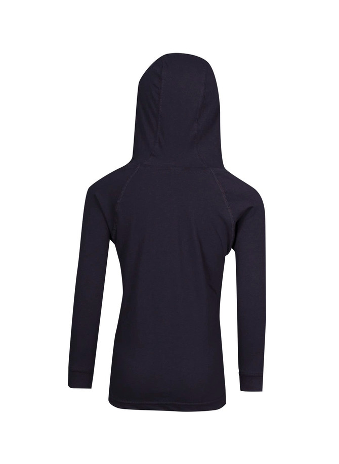 A black hoodie with a fitted design and a hood, featuring long sleeves and raglan seams.