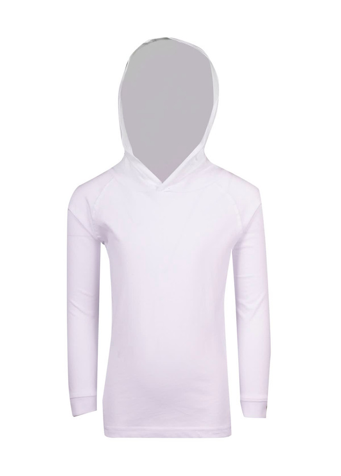 A white long-sleeve hoodie with a v-neck and a large hood, featuring a logo. A white long-sleeve hoodie with a v-neck and a large hood, featuring a logo.