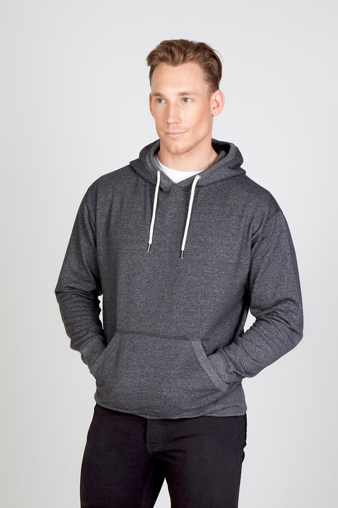 A grey heather hoodie with a front pocket and drawstring hood, featuring a logo.