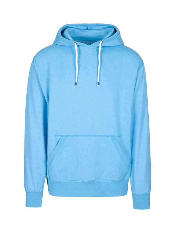 A light blue hoodie featuring a front kangaroo pocket and a drawstring hood, with a logo on the chest.