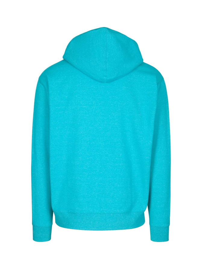 A turquoise hoodie with a drawstring hood, featuring a logo, shown from the back view.