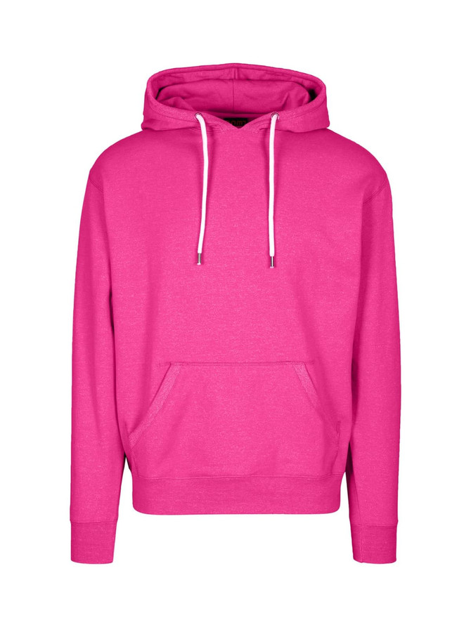 A pink hooded jumper with a front pocket and a drawstring hood. It features a logo.