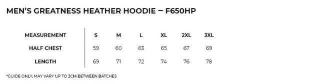 A heather hoodie in various sizes, featuring a logo, with measurements for chest and length displayed. A heather hoodie in various sizes, featuring a logo, with measurements for chest and length displayed.