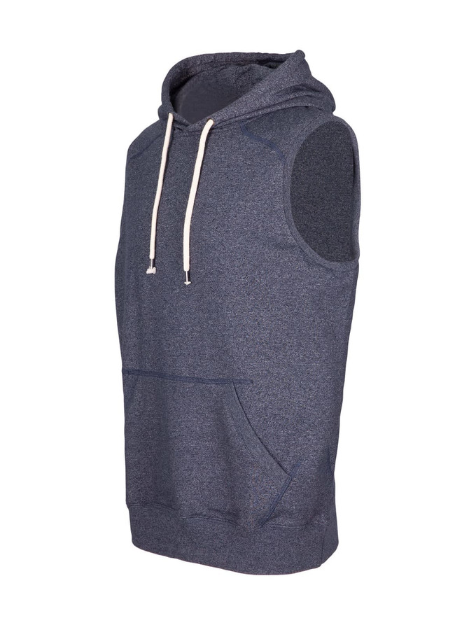 A sleeveless hoodie in a heather navy colour with a front pocket and a hood, featuring drawstrings and a logo.