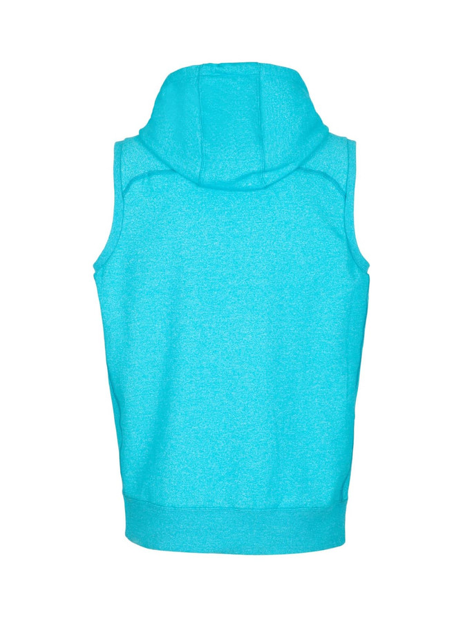 A turquoise sleeveless hoodie with a hood and a fitted bottom. It features a logo on the back.