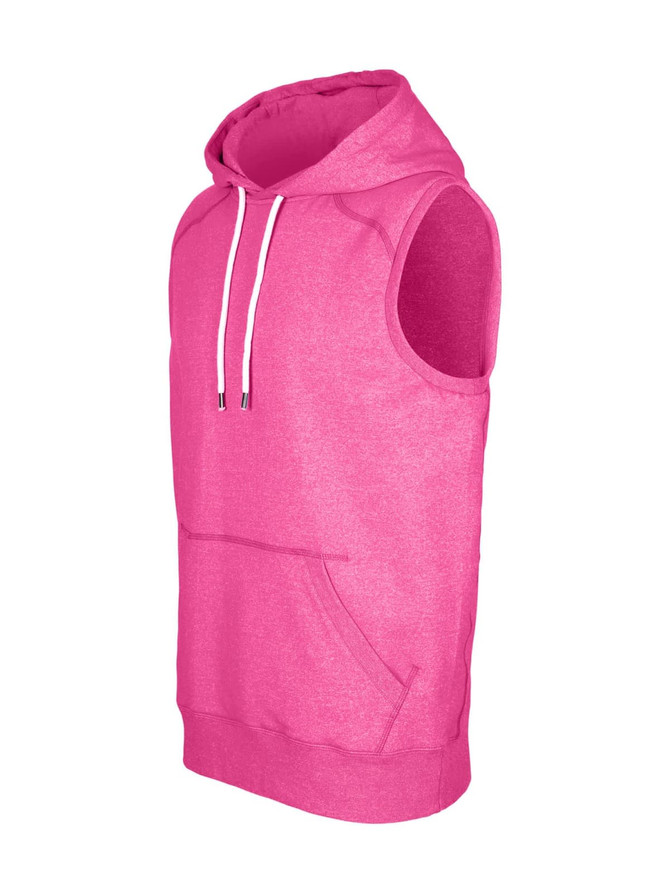 A pink sleeveless hoodie featuring a hood and front pocket, part of the Greatness Range. It has a logo on it.