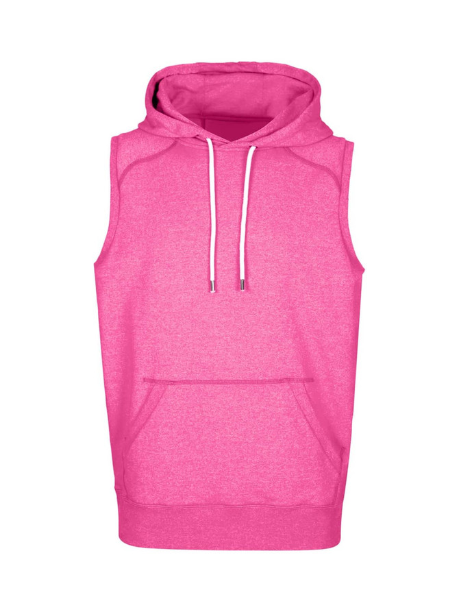 A pink sleeveless hoodie with a front pocket and a hood, featuring a brand logo.