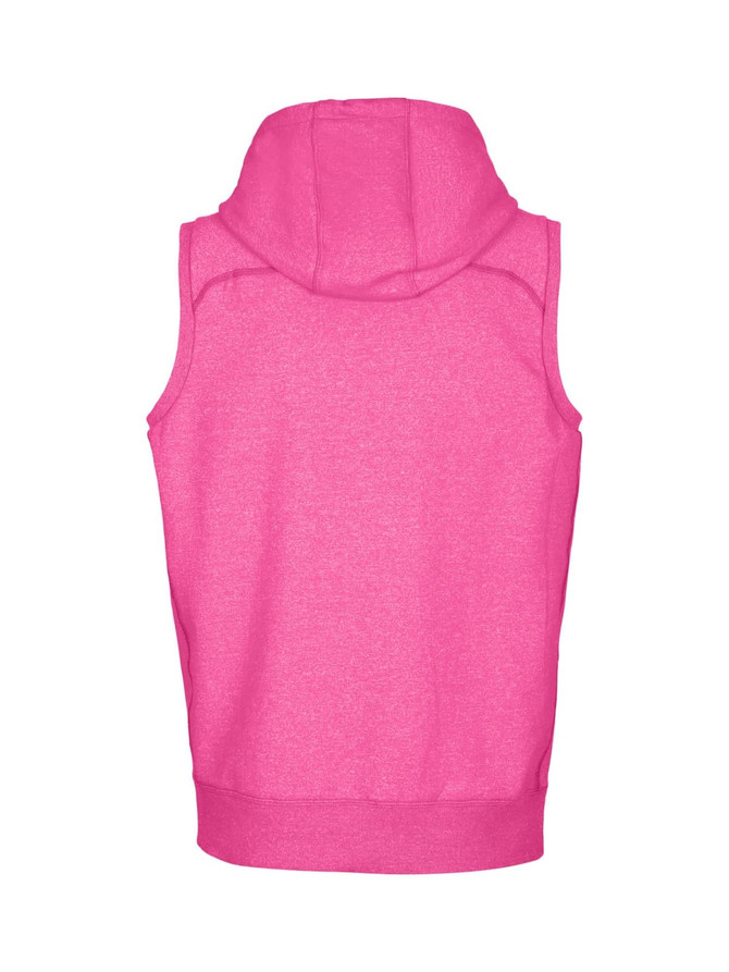 A sleeveless pink hoodie with a hood and a fitted waistband, featuring a logo on the back.