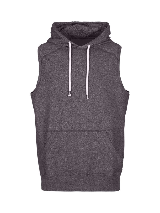 A sleeveless grey hoodie with a front pocket and drawstring hood, featuring a logo.