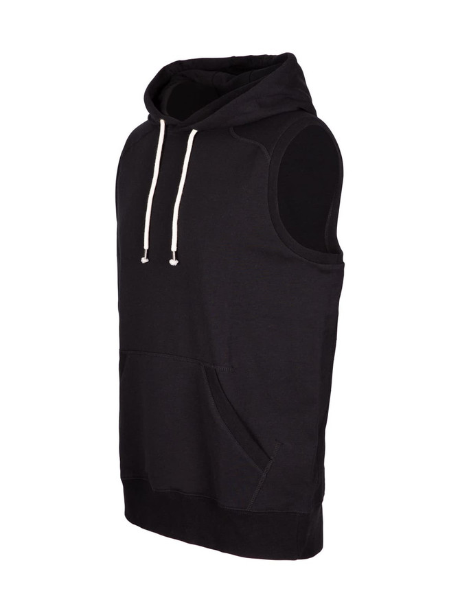 A black sleeveless hoodie featuring a front pocket and drawstring hood. The garment has a branding logo.