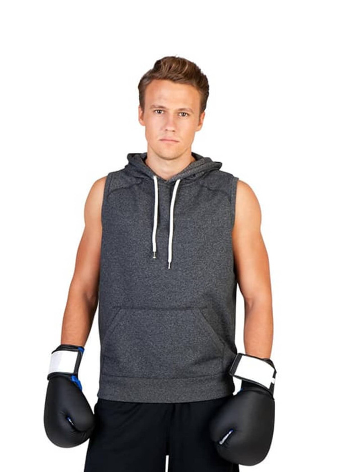 A grey sleeveless hoodie with a front pocket, worn by a man holding boxing gloves.