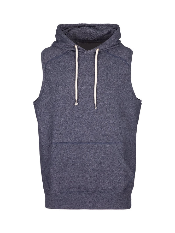 A sleeveless hoodie in a heather navy colour with a front pocket and a hood. It features a logo on the design.