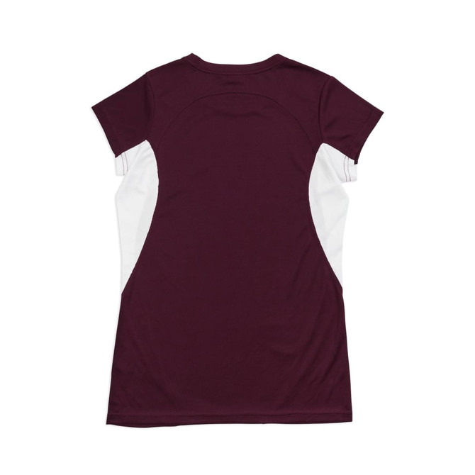 A women's t-shirt in maroon with white side panels and a logo on the back.