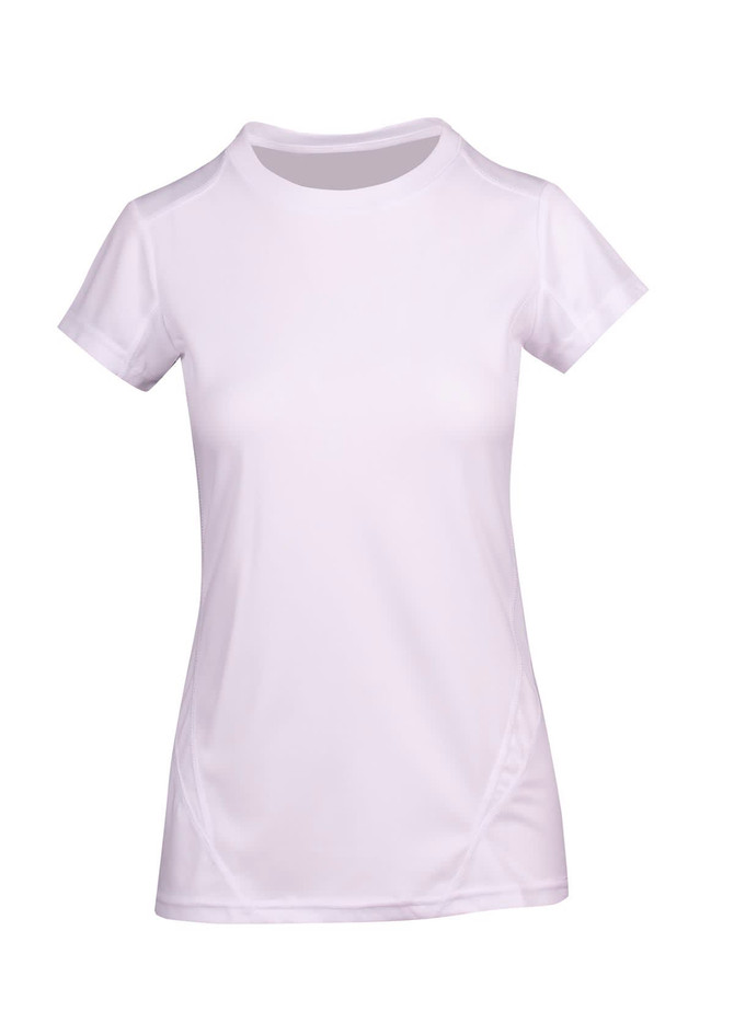 A white Women's Accelerator Cool-Dry T-shirt with a fitted design and short sleeves. It features a logo. A white Women's Accelerator Cool-Dry T-shirt with a fitted design and short sleeves. It features a logo.