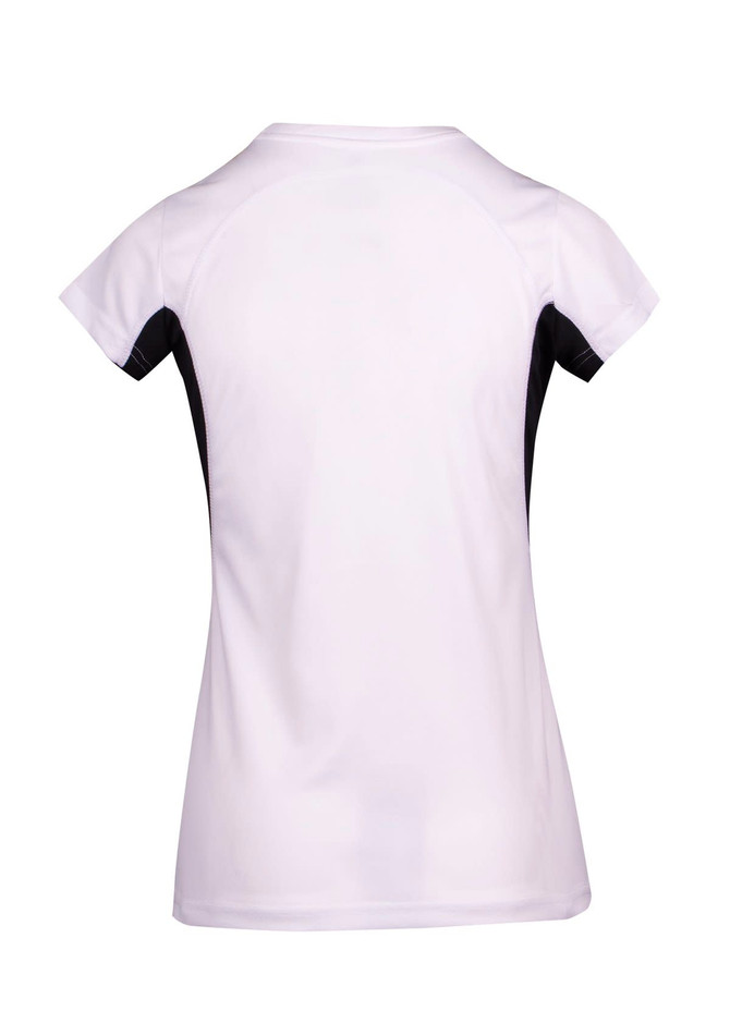 A women's cool-dry T-shirt in white with black side panels and a fitted design. Features a branding logo.