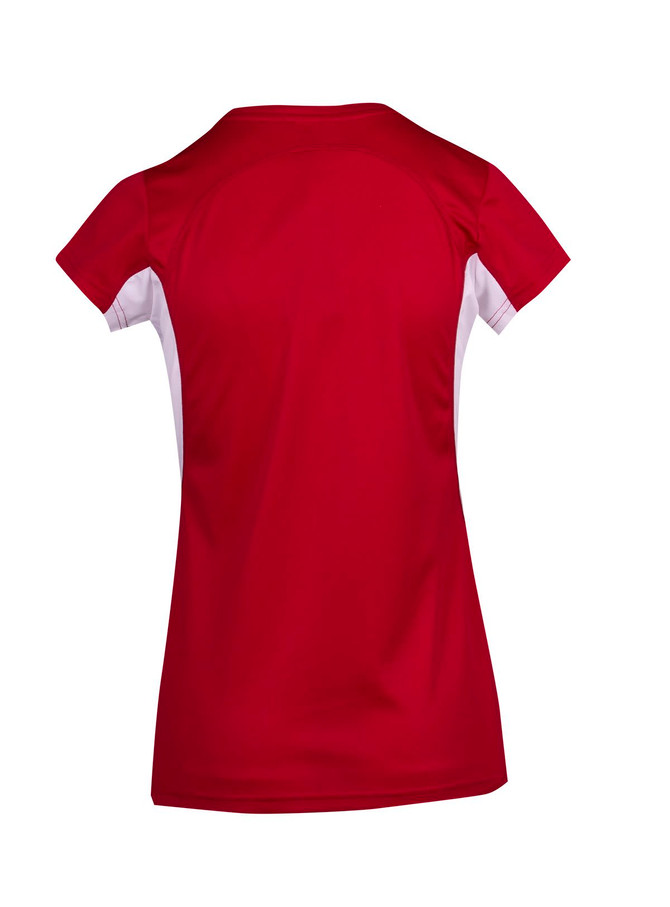 A red and white Women's Accelerator Cool-Dry T-shirt with a fitted design, showcasing the back view. A red and white Women's Accelerator Cool-Dry T-shirt with a fitted design, showcasing the back view.