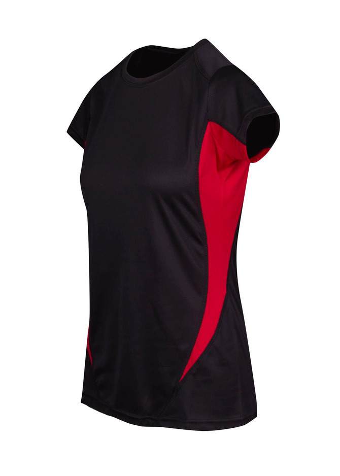 A Women's Accelerator Cool-Dry T-shirt featuring a black body with red accents and a logo on the side. A Women's Accelerator Cool-Dry T-shirt featuring a black body with red accents and a logo on the side.