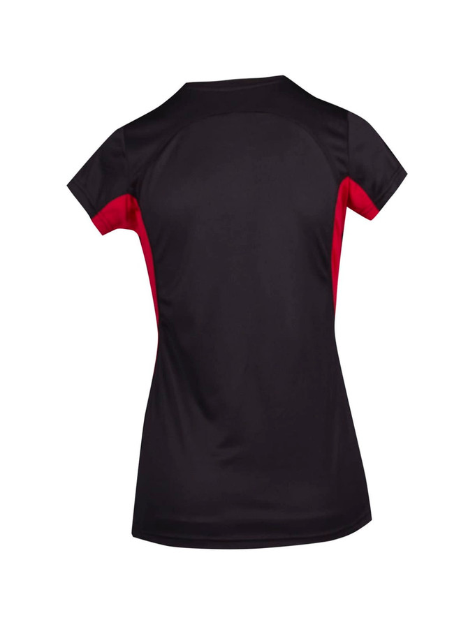 A Women's Accelerator Cool-Dry T-shirt featuring a black body with red accents, showcasing a sporty design.