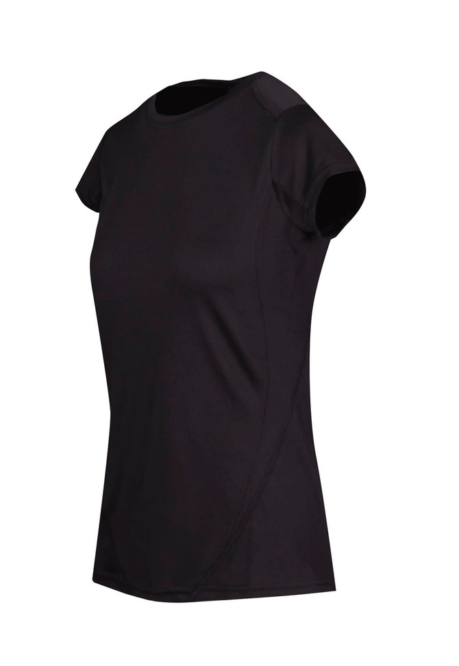 A black Women's Accelerator Cool-Dry T-shirt with a short-sleeve design, featuring a subtle branding logo.