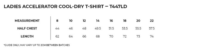 A sizing chart for the Women's Accelerator Cool-Dry T-shirt, featuring measurements for various sizes. A sizing chart for the Women's Accelerator Cool-Dry T-shirt, featuring measurements for various sizes.