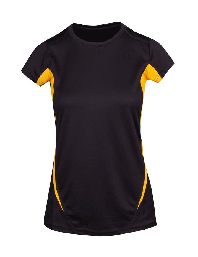 A black women's T-shirt with yellow accents and a logo on the front. Features a cool-dry fabric. A black women's T-shirt with yellow accents and a logo on the front. Features a cool-dry fabric.