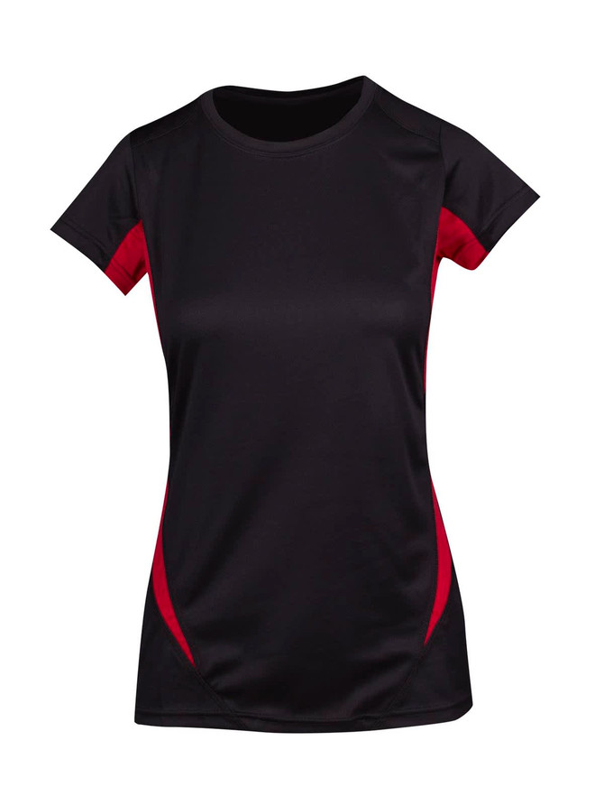 A black and red women's T-shirt with a fitted design and short sleeves, featuring a logo. A black and red women's T-shirt with a fitted design and short sleeves, featuring a logo.