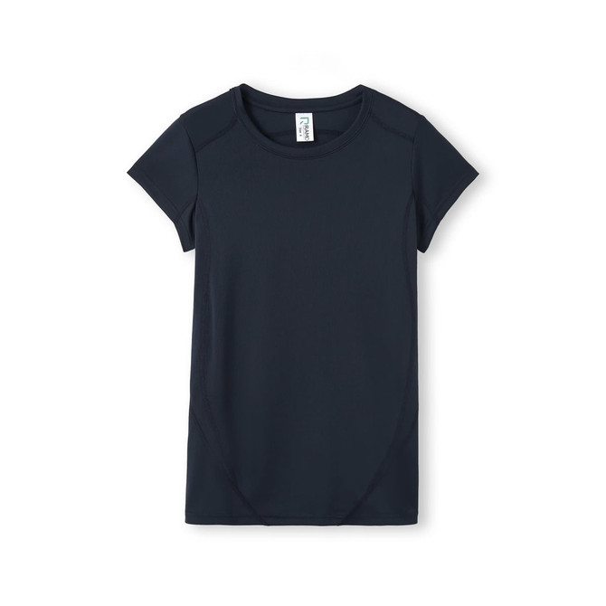 A women's accelerator cool-dry T-shirt in navy blue, featuring short sleeves and a fitted design, with a logo. A women's accelerator cool-dry T-shirt in navy blue, featuring short sleeves and a fitted design, with a logo.