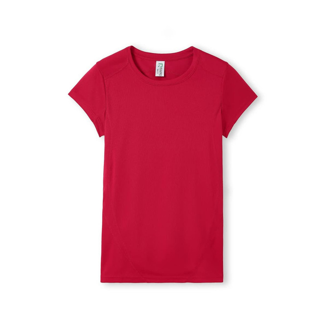 A red women's T-shirt with short sleeves and a fitted design, featuring a logo.