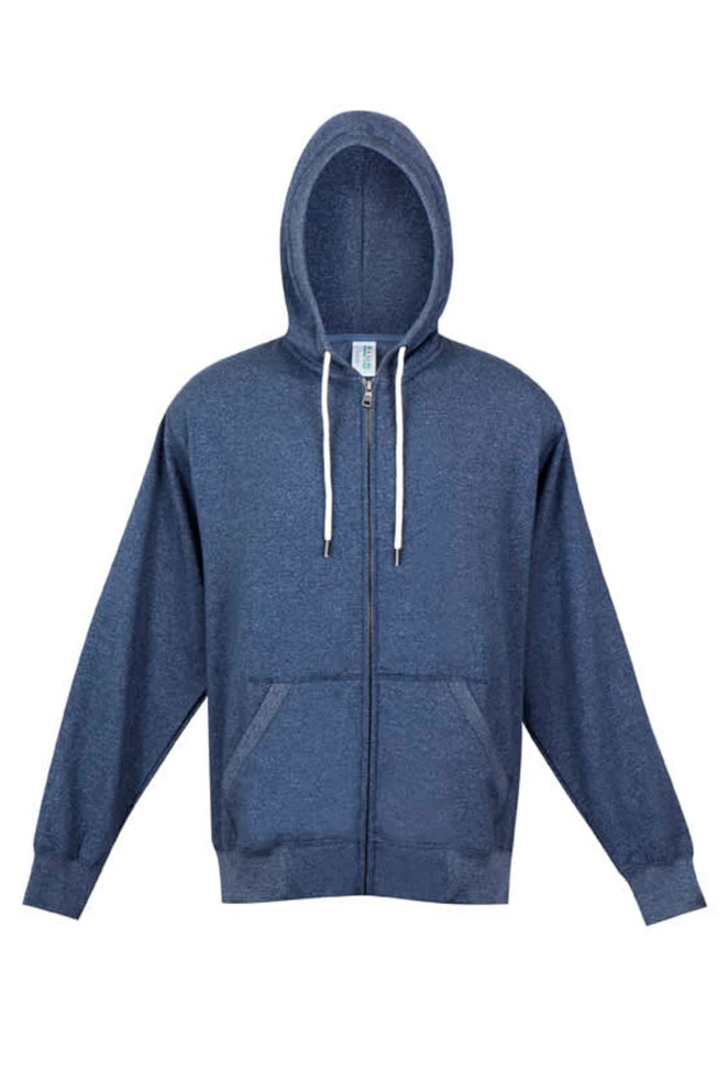 A heather navy zip hoodie with a hood and front pockets, featuring a logo on the chest area.