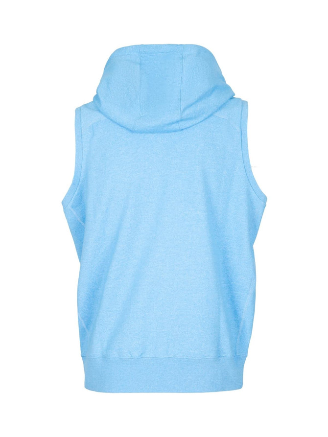A light blue sleeveless zip hoodie featuring a hood and a simple design at the back.