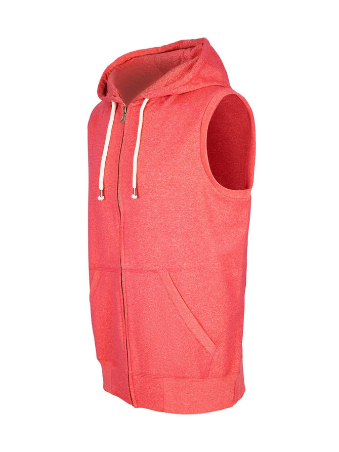 A red sleeveless zip hoodie featuring a front pocket and drawstring hood, part of the Greatness Range.