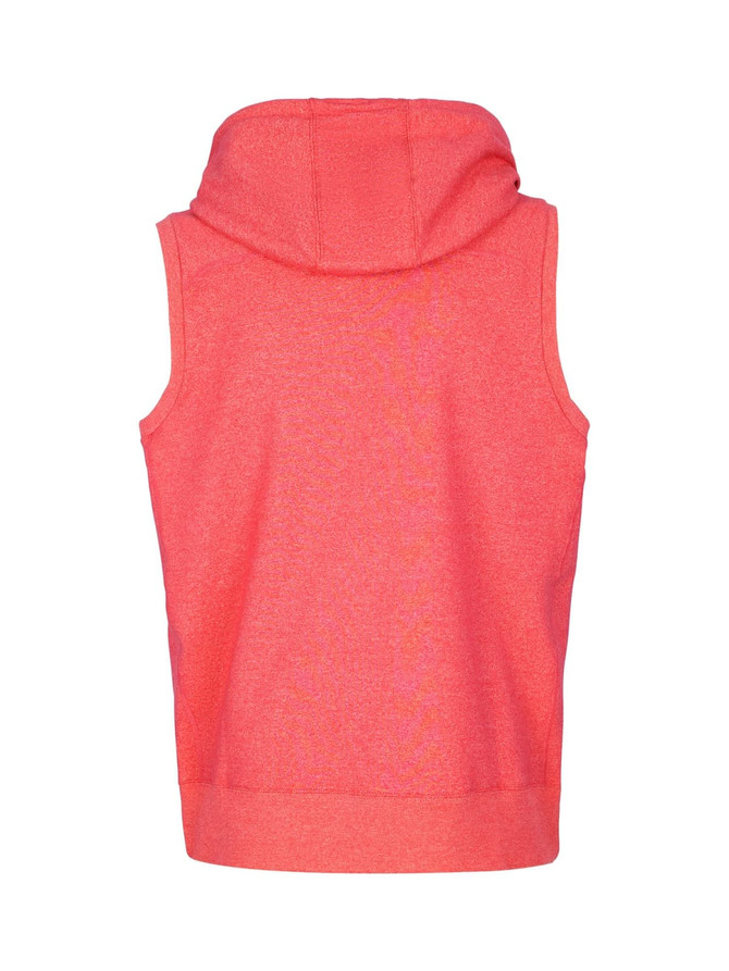 A men's sleeveless zip hoodie in a vibrant coral colour, featuring a hood and a plain back design.