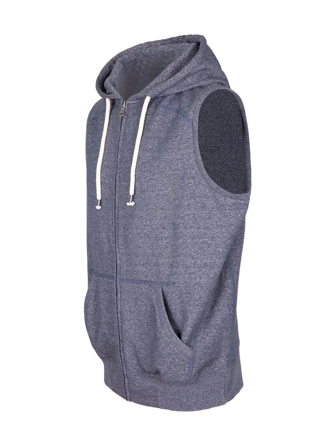 A men's heather grey sleeveless zip hoodie featuring a hood and front pockets, with a subtle branding. A men's heather grey sleeveless zip hoodie featuring a hood and front pockets, with a subtle branding.