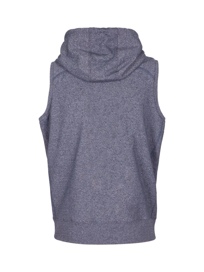 A sleeveless zip hoodie in a heather grey colour, featuring a hood and a plain back design.