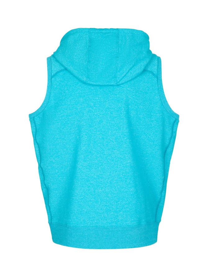 A sleeveless zip hoodie in a bright turquoise colour with a hood, featuring a logo on the back.