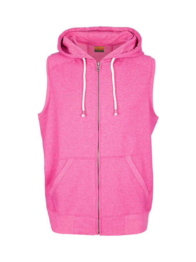 A pink sleeveless zip hoodie with a hood and front pockets, featuring a logo on the garment.