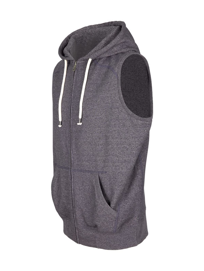A grey sleeveless zip hoodie with a hood and front pockets, featuring a logo on the chest. A grey sleeveless zip hoodie with a hood and front pockets, featuring a logo on the chest.