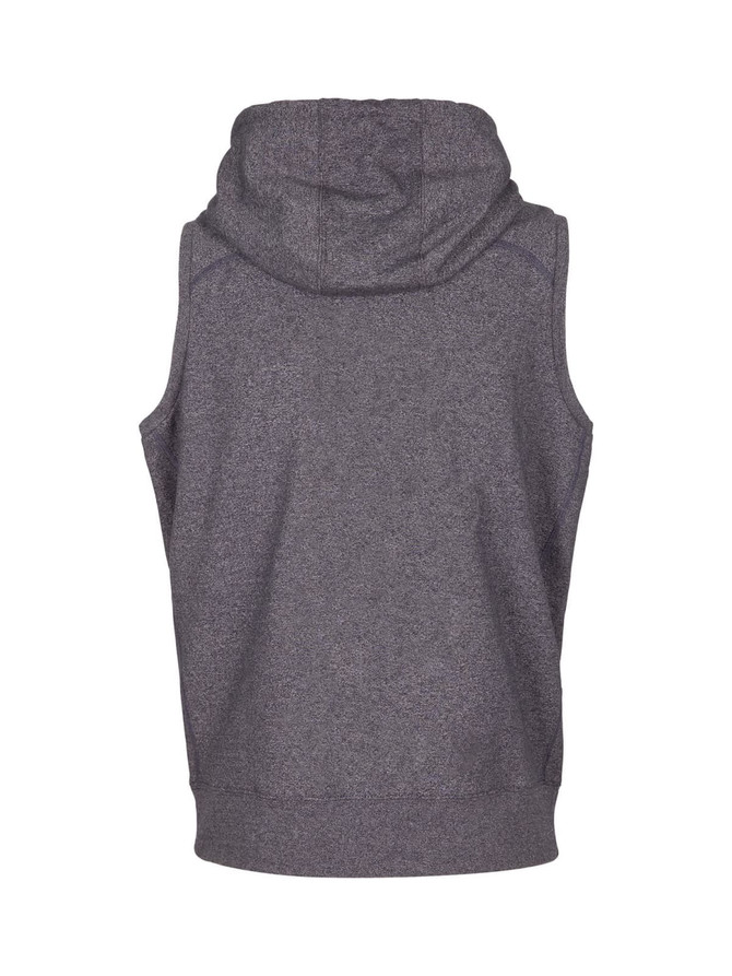 A grey sleeveless zip hoodie with a hood, featuring a plain back and a relaxed fit. A grey sleeveless zip hoodie with a hood, featuring a plain back and a relaxed fit.