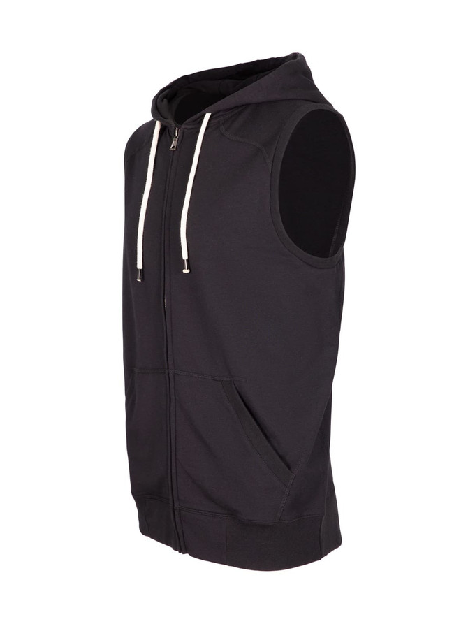 A black sleeveless zip hoodie with a front pocket and drawstring hood. It features a logo on the design. A black sleeveless zip hoodie with a front pocket and drawstring hood. It features a logo on the design.
