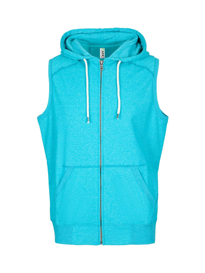 A sleeveless zip hoodie in bright turquoise with a hood and front pockets, featuring a logo. A sleeveless zip hoodie in bright turquoise with a hood and front pockets, featuring a logo.